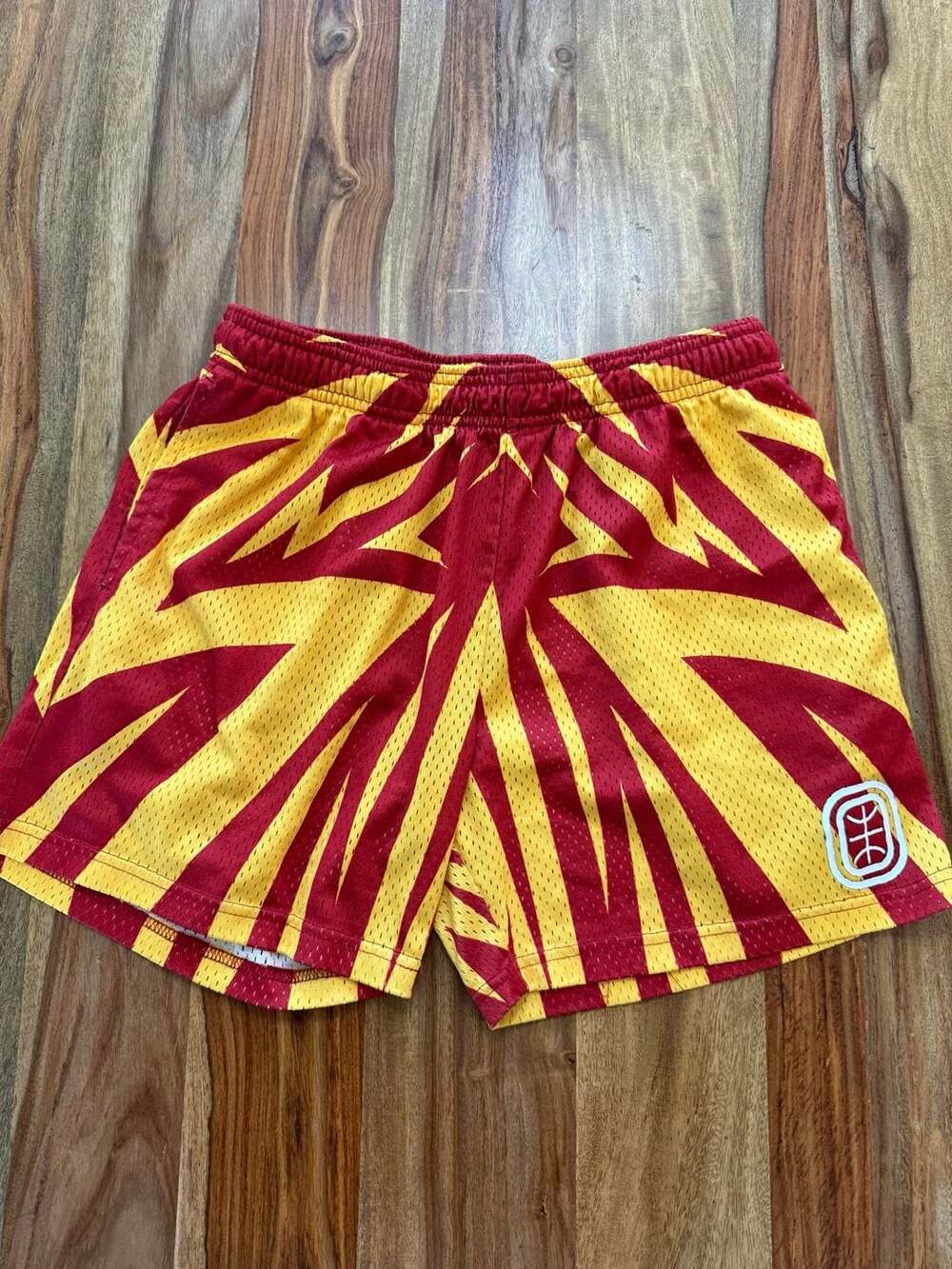 Men’s size small Overtime Mesh Athletic Basketball Shorts Red Yellow
